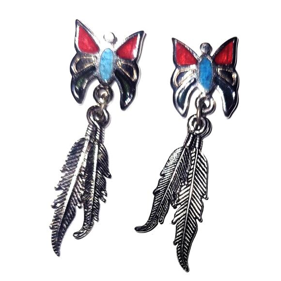 1.5" Vintage Signed Turquoise Coral Butterfly/Feather Earrings - Picture 1 of 11